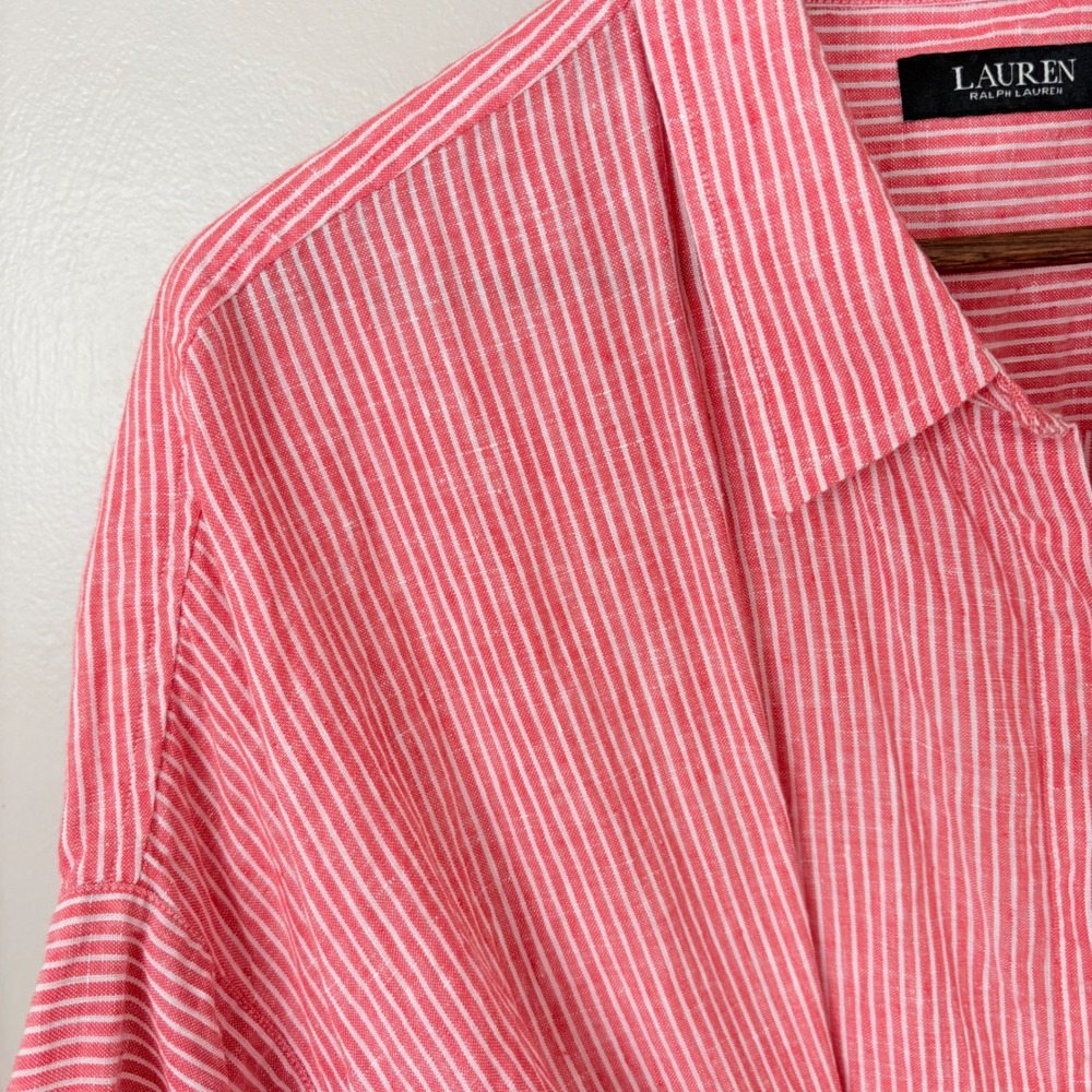 Lauren Ralph Lauren Linen Striped Shirt Womens 3X Pink Red Cool Light Resort - Picture 4 of 8